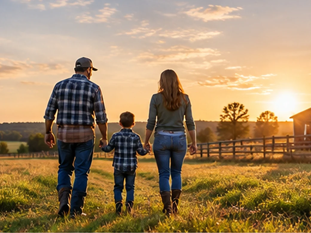 Farm family standing together near their rural property and barn