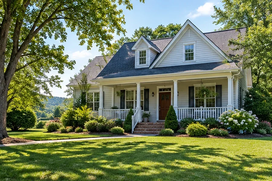 White house with front porch and tree-lined lawn
