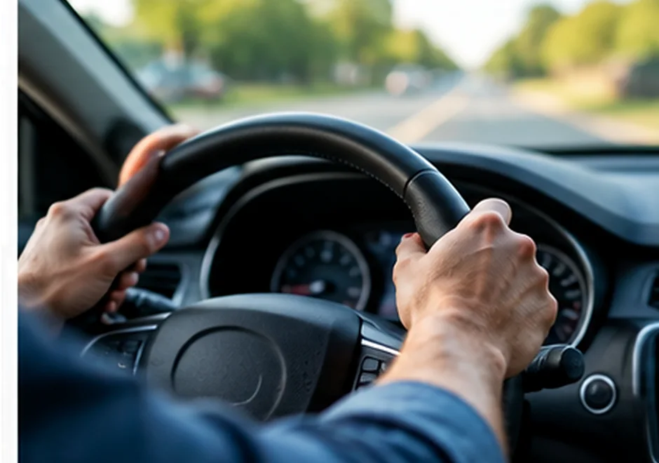 Driver holding the steering wheel while driving