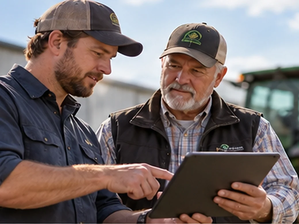 Farmers reviewing equipment details beside a tractor