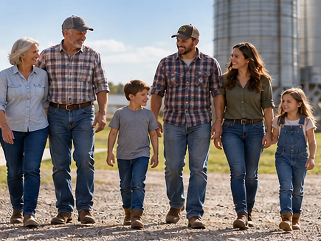 Multigenerational family walking near farm buildings and silos