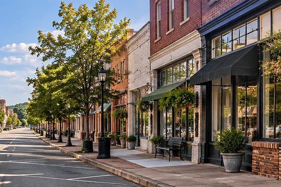 Tree-lined neighborhood with local storefronts
