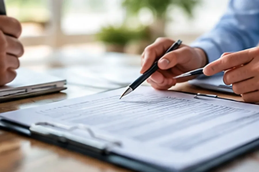 Hands reviewing an insurance document at a desk